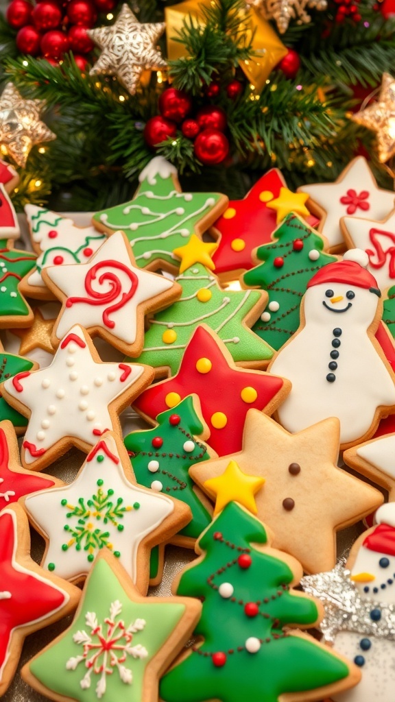 A variety of decorated Christmas cookies in festive shapes on a holiday-themed table.